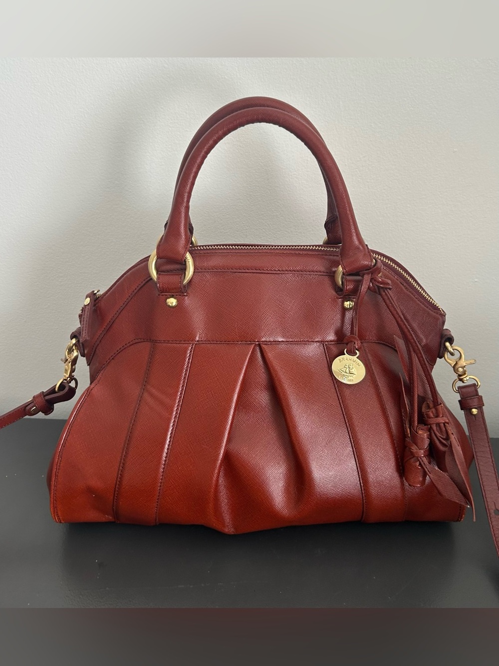 Brahmin Cognac Leather Satchel Top Handle Crossbody Shoulder Bag Tassel Purse - Picture 3 of 12